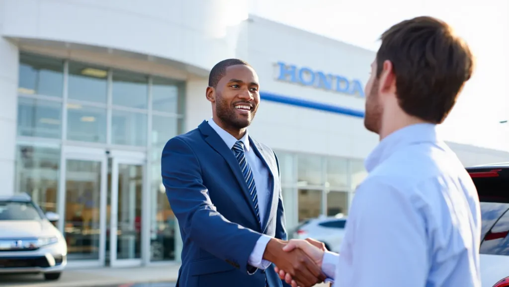 Sales consultant greeting a car buyer at a Honda dealership during a Facebook Sales Event