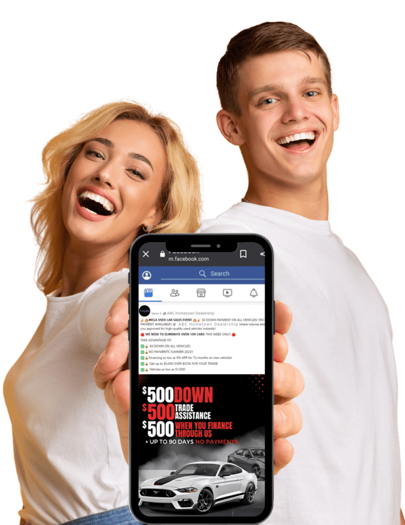Excited couple ready for their VIP invitation to the Facebook Sales Event by Willowood Ventures, home of expert auto marketing. Automotive dealership Solutions