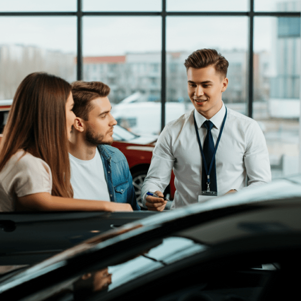 Salesman working with a excited customer with a piece of mail from the expert auto marketing company Willowood Ventures