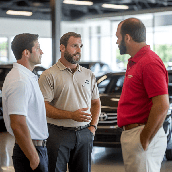 Car salesman discussing car dealership advertising. Auto marketing cam make the difference between a good month or bad one for many salesman.