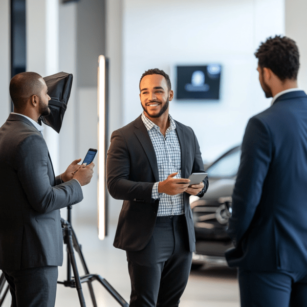 Salesman explaining the terminology in a car dealership
