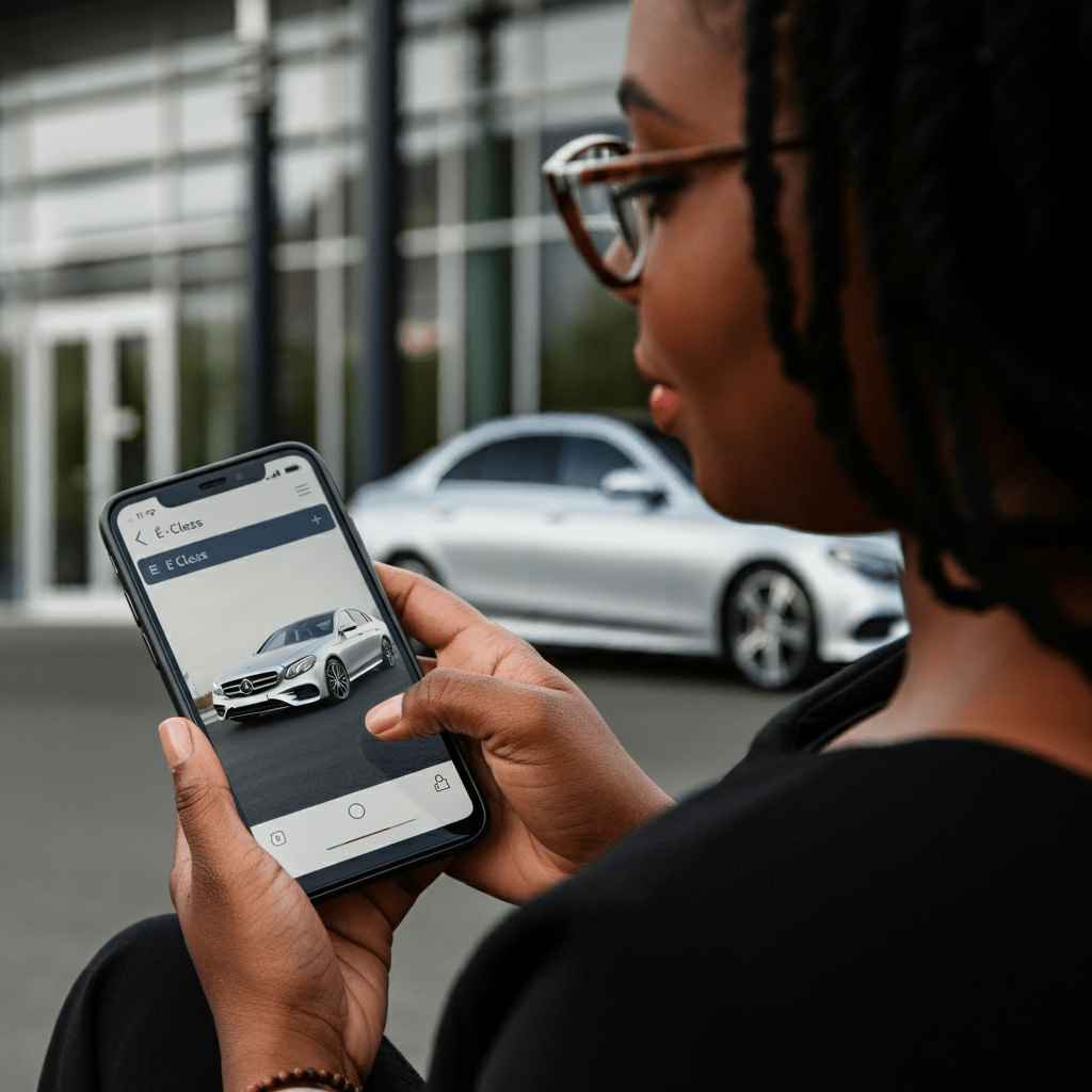 Excited auto shopper arriving at dealership to find her dream car