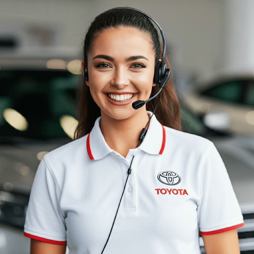 Smiling automotive BDC representative with a headset in a Toyota dealership.