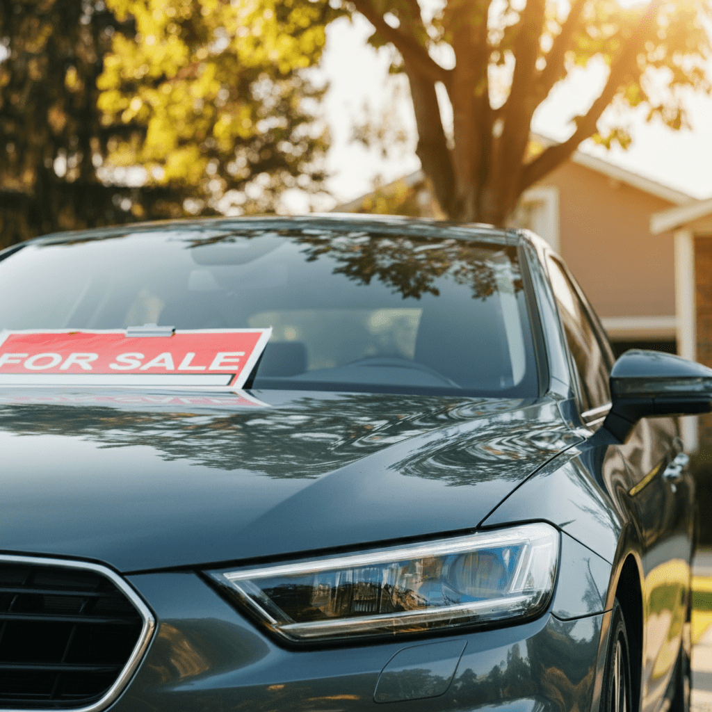 Close-up of a car with a "For Sale" sign displayed in the windshield.