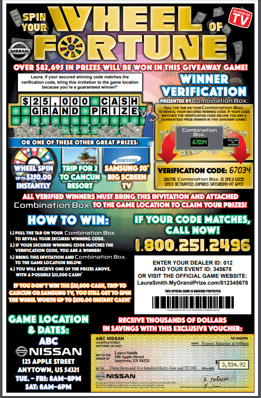 Car scratch off mailer from Willowood Ventures