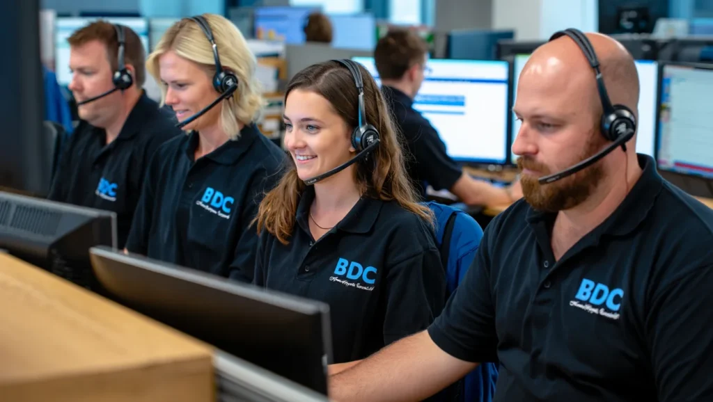 Automotive BDC team on headsets scheduling showroom appointments during a Facebook Sales Event