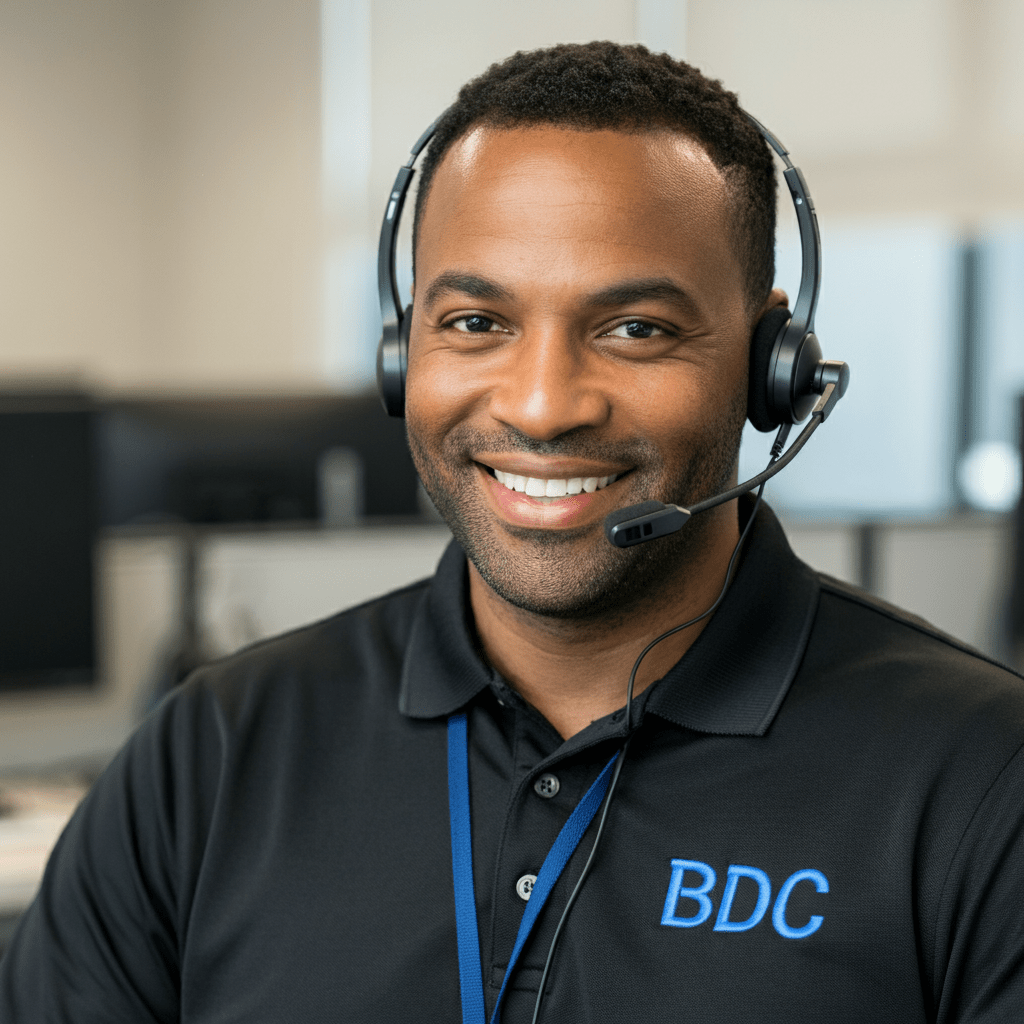 Smiling BDC representative wearing a headset in an office environment