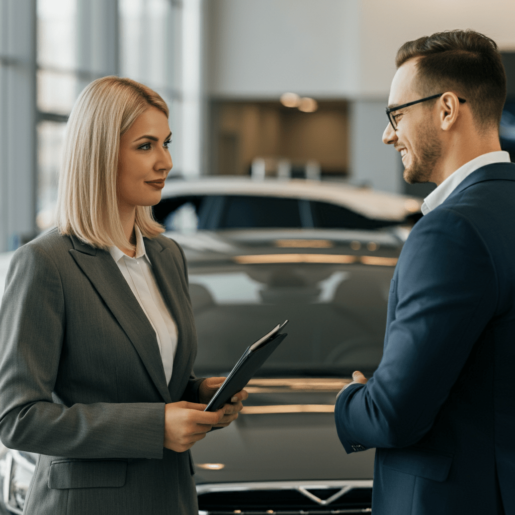 A Woman and a man meeting in a dealership they are meeting for automotive dealership consulting by Willowood Ventures