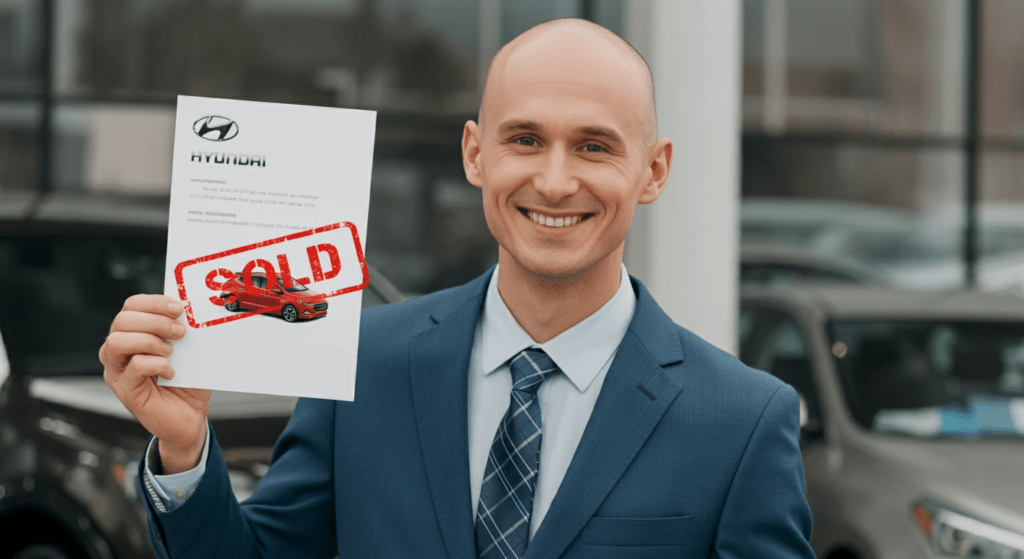Hyundai Car Salesman Excited to Close a sale. He Used Willowood Ventures 5 Step Road to Profit.