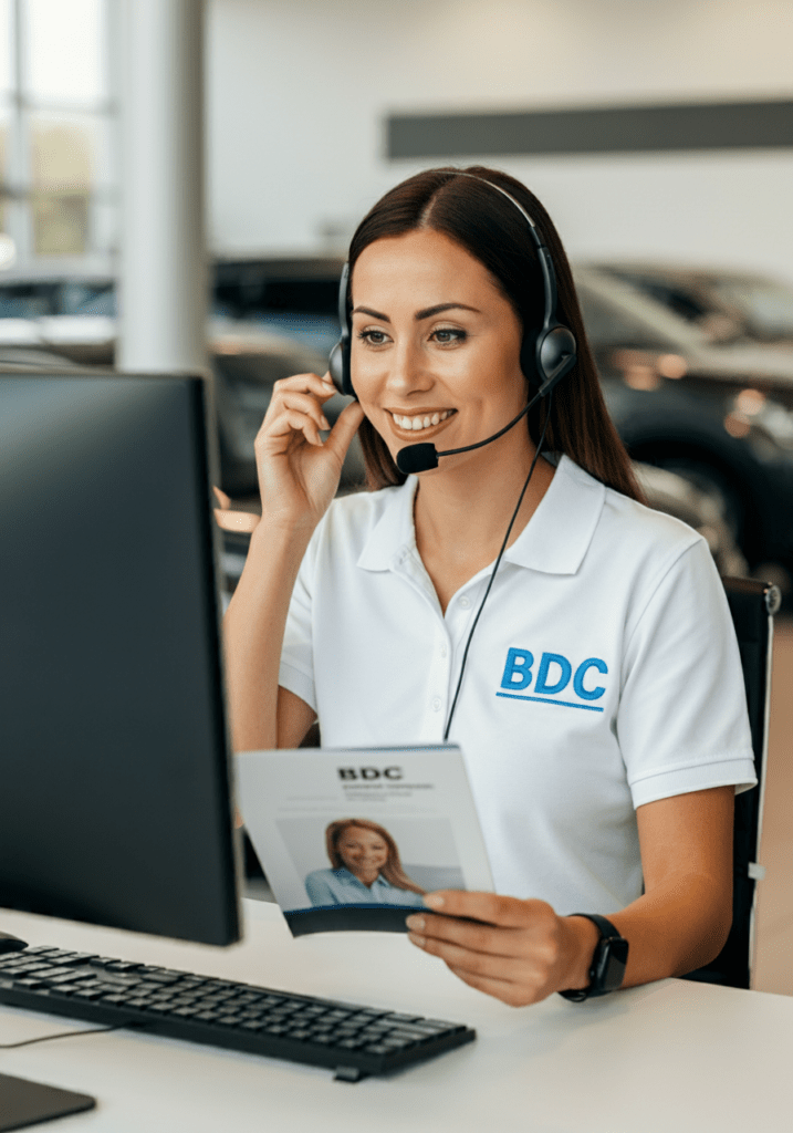 BDC agent at dealership using Willowood Ventures Power Script Guidebook while speaking with customer on headset