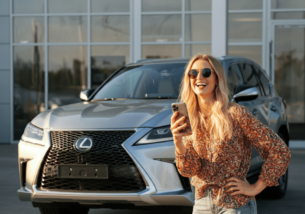 Happy auto buyer in front of her new car.