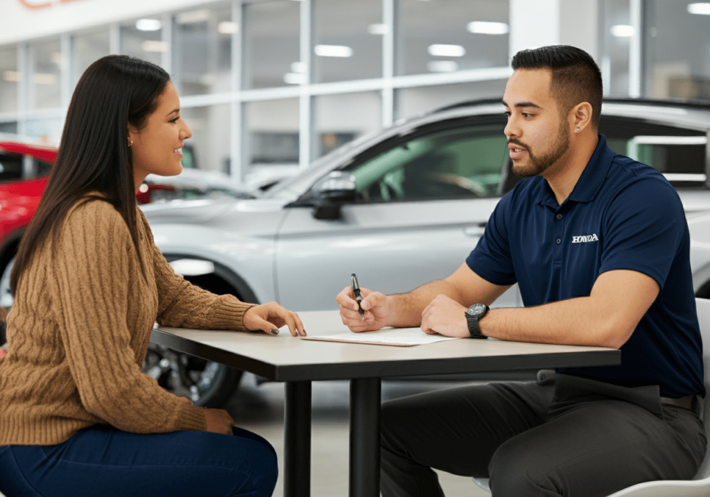 a customer negotiating a car deal in a dealership with a well trained salesperson