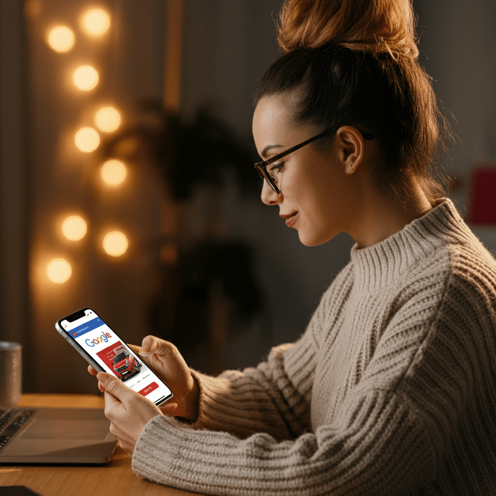 Woman reviewing a PPC advertisement by a dealership