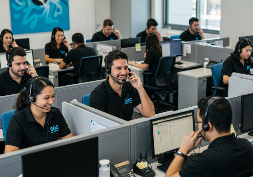 a busy call center with employees wearing headset and matching black polo shirts with sky blue BDC on the shirts enjoying talking to customers