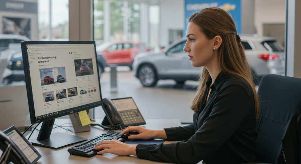 Chevrolet General Manager looks at her Facebook ads marketing report in her car dealership office